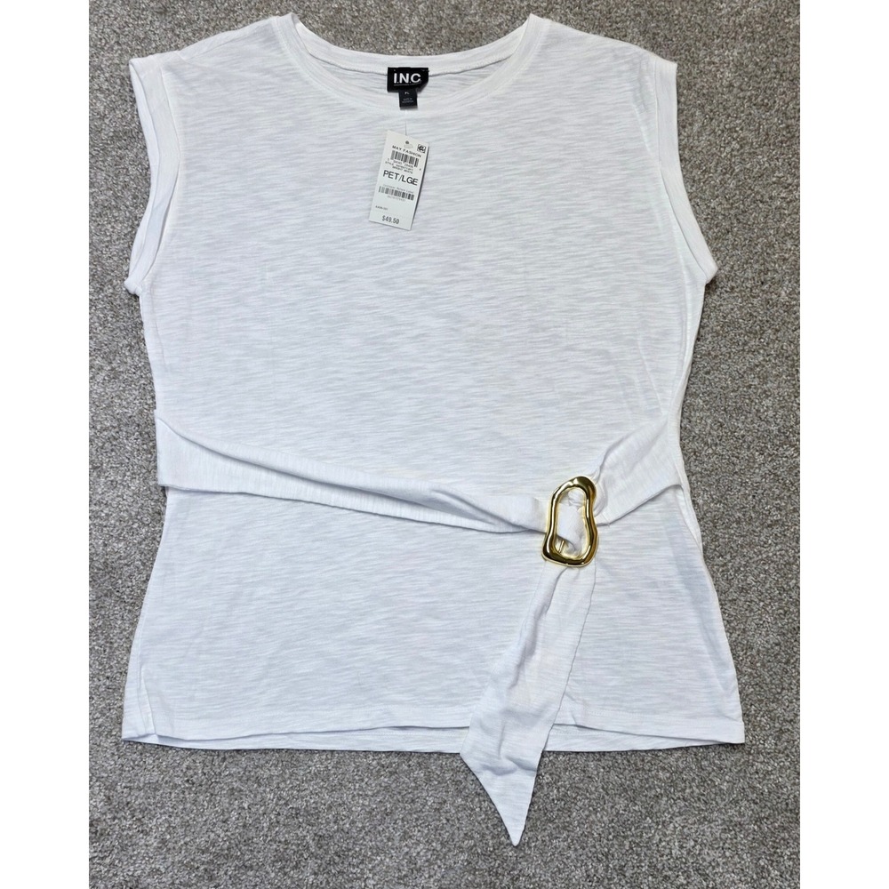 INC International Concepts White Buckle Tie Waist Sleeveless Top Petite Lg 
383